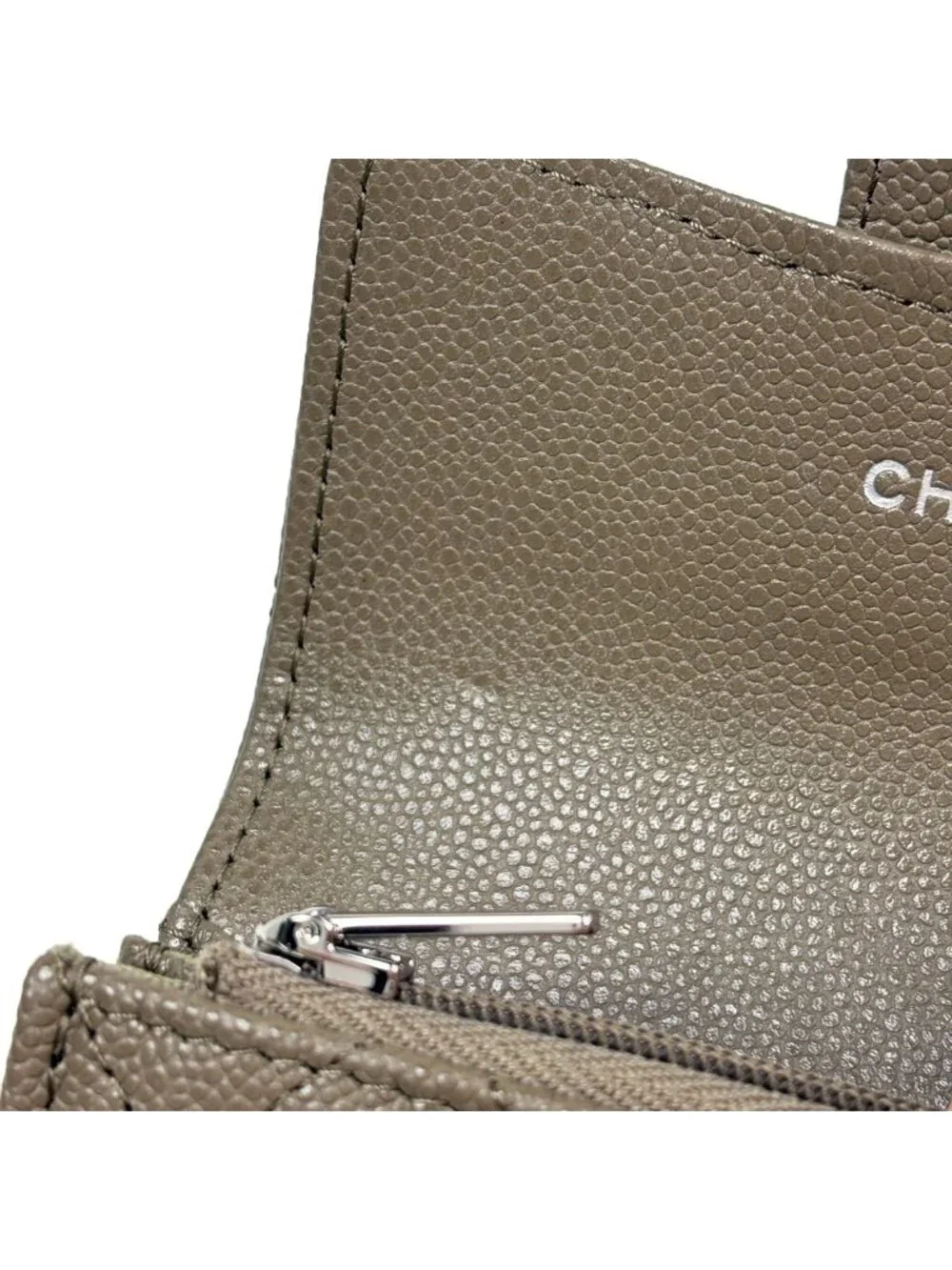 Chanel CC Logo Card Case Coin Purse Quilted Caviar Leather Gray